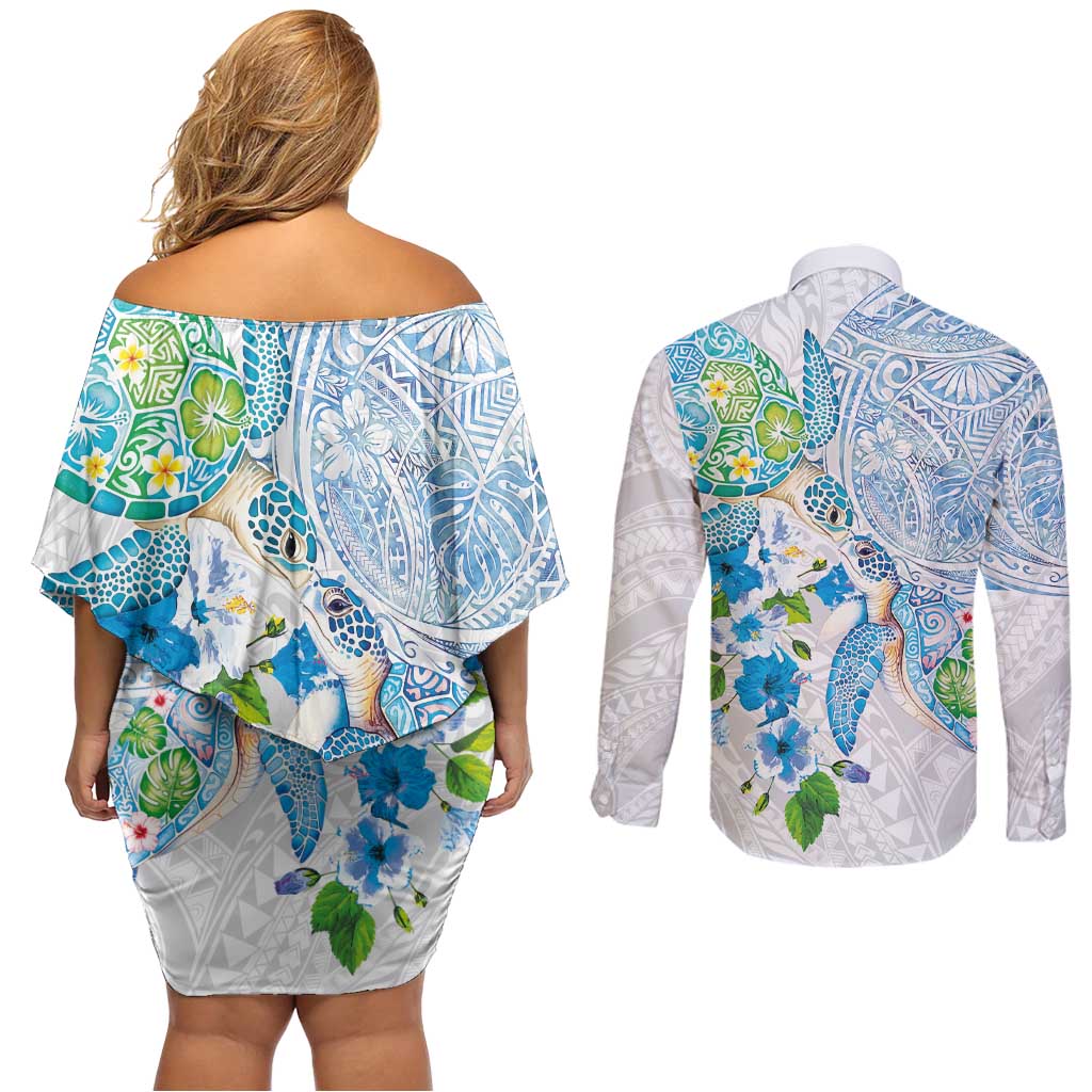 Hawaiian Couple Turtles Honi Couples Matching Off Shoulder Short Dress and Long Sleeve Button Shirt Polynesian Art Motifs and Hibiscus White Blue Color LT03 - Polynesian Pride