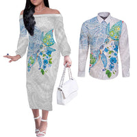 Hawaiian Couple Turtles Honi Couples Matching Off The Shoulder Long Sleeve Dress and Long Sleeve Button Shirt Polynesian Art Motifs and Hibiscus White Blue Color LT03 White - Polynesian Pride