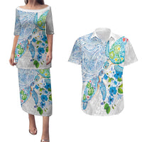 Hawaiian Couple Turtles Honi Couples Matching Puletasi and Hawaiian Shirt Polynesian Art Motifs and Hibiscus White Blue Color LT03 White - Polynesian Pride
