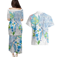 Hawaiian Couple Turtles Honi Couples Matching Puletasi and Hawaiian Shirt Polynesian Art Motifs and Hibiscus White Blue Color LT03 - Polynesian Pride