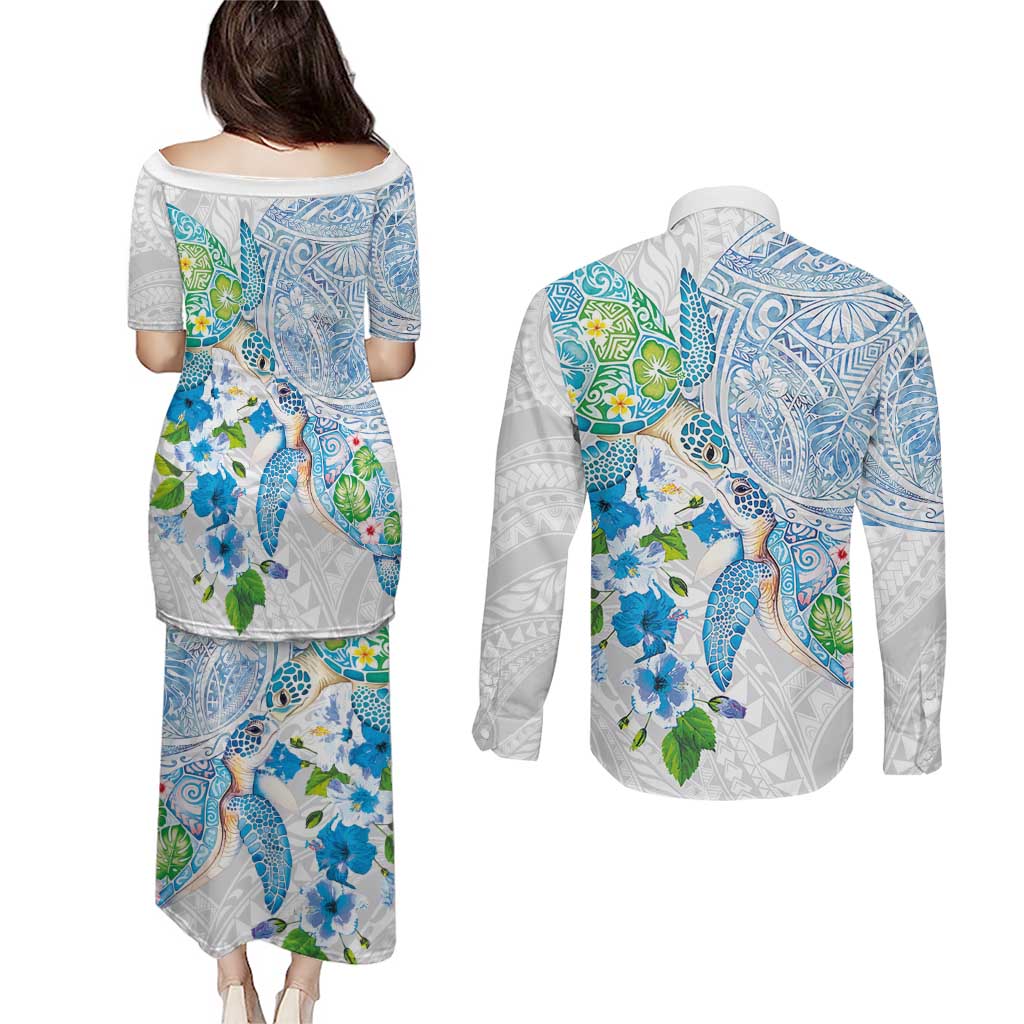 Hawaiian Couple Turtles Honi Couples Matching Puletasi and Long Sleeve Button Shirt Polynesian Art Motifs and Hibiscus White Blue Color LT03 - Polynesian Pride