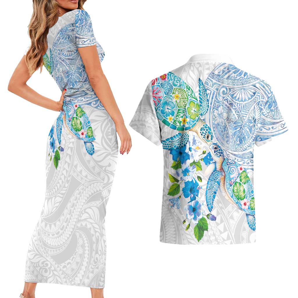 Hawaiian Couple Turtles Honi Couples Matching Short Sleeve Bodycon Dress and Hawaiian Shirt Polynesian Art Motifs and Hibiscus White Blue Color LT03 - Polynesian Pride