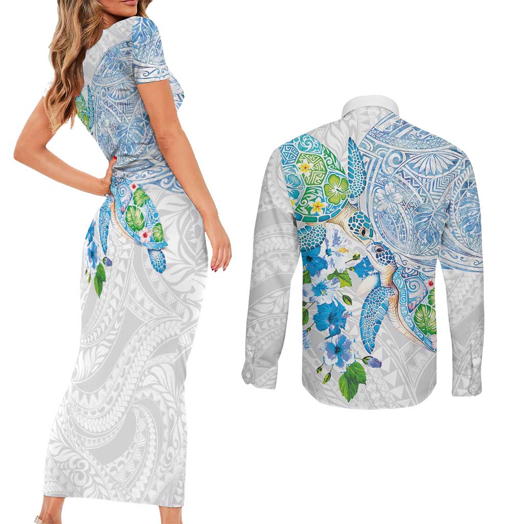 Hawaiian Couple Turtles Honi Couples Matching Short Sleeve Bodycon Dress and Long Sleeve Button Shirt Polynesian Art Motifs and Hibiscus White Blue Color LT03 - Polynesian Pride