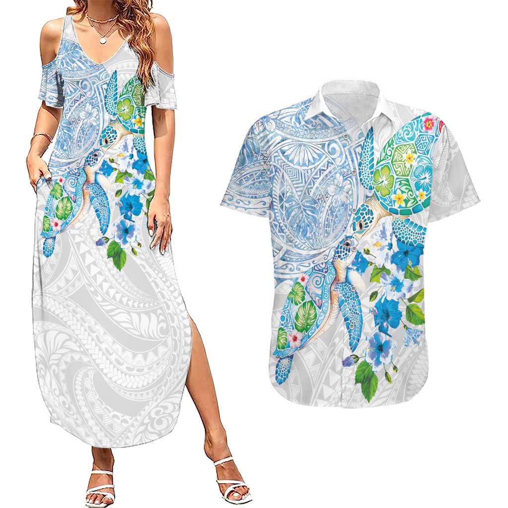 Hawaiian Couple Turtles Honi Couples Matching Summer Maxi Dress and Hawaiian Shirt Polynesian Art Motifs and Hibiscus White Blue Color LT03 White - Polynesian Pride