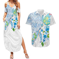 Hawaiian Couple Turtles Honi Couples Matching Summer Maxi Dress and Hawaiian Shirt Polynesian Art Motifs and Hibiscus White Blue Color LT03 White - Polynesian Pride