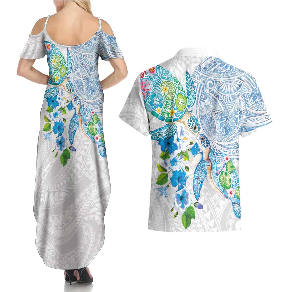 Hawaiian Couple Turtles Honi Couples Matching Summer Maxi Dress and Hawaiian Shirt Polynesian Art Motifs and Hibiscus White Blue Color LT03 - Polynesian Pride