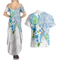 Hawaiian Couple Turtles Honi Couples Matching Summer Maxi Dress and Hawaiian Shirt Polynesian Art Motifs and Hibiscus White Blue Color LT03 - Polynesian Pride
