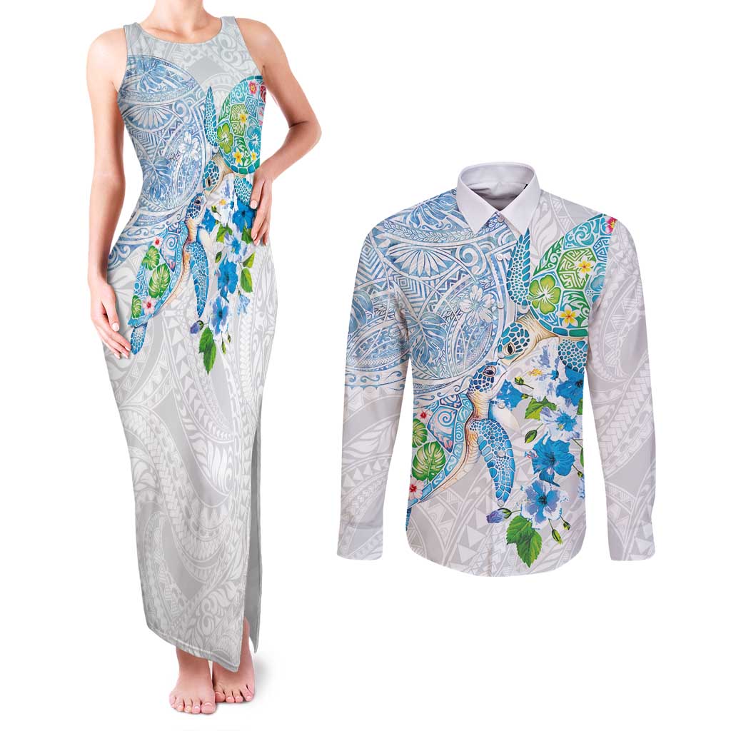 Hawaiian Couple Turtles Honi Couples Matching Tank Maxi Dress and Long Sleeve Button Shirt Polynesian Art Motifs and Hibiscus White Blue Color - Polynesian Pride