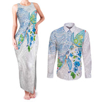 Hawaiian Couple Turtles Honi Couples Matching Tank Maxi Dress and Long Sleeve Button Shirt Polynesian Art Motifs and Hibiscus White Blue Color LT03 White - Polynesian Pride