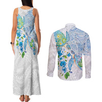 Hawaiian Couple Turtles Honi Couples Matching Tank Maxi Dress and Long Sleeve Button Shirt Polynesian Art Motifs and Hibiscus White Blue Color LT03 - Polynesian Pride