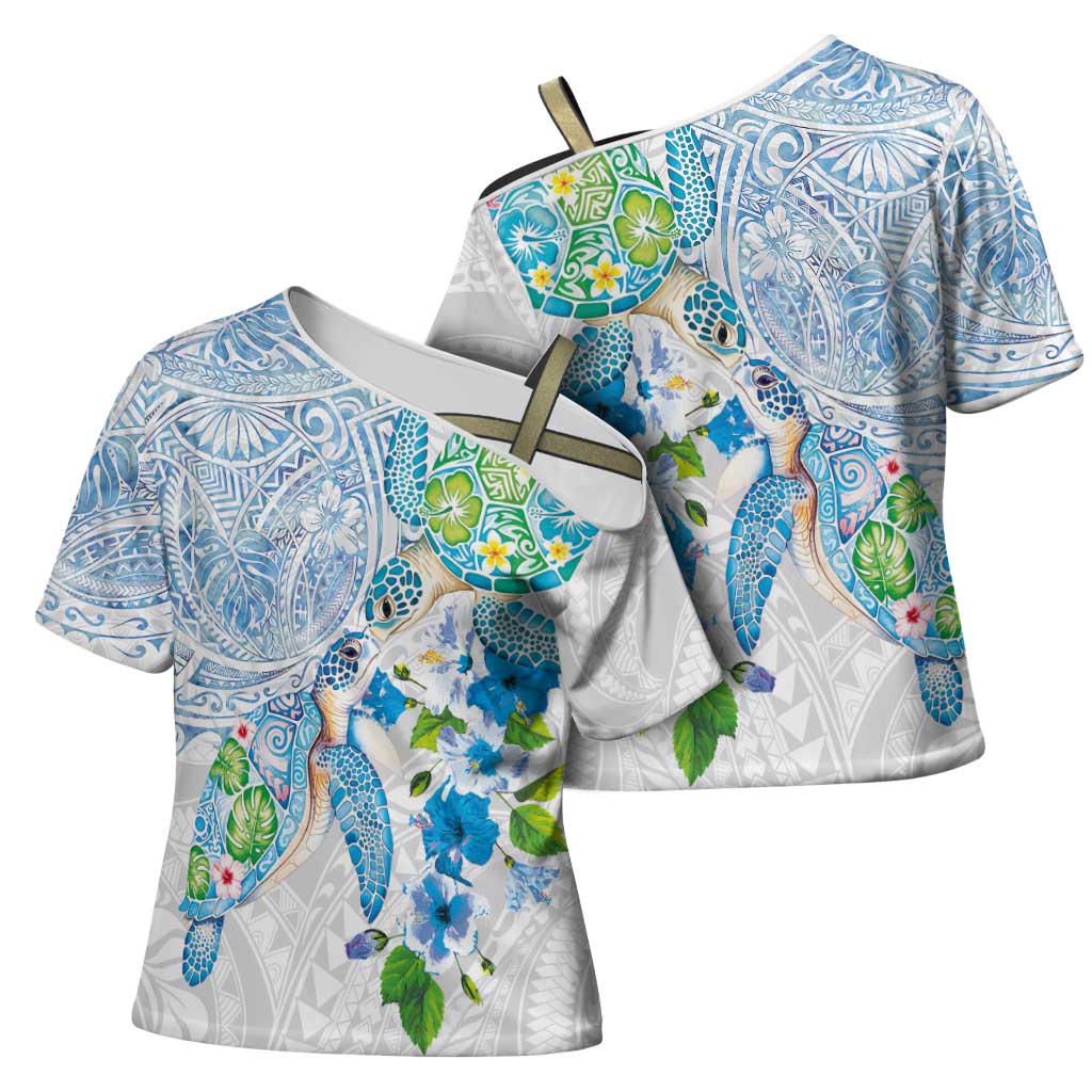 Hawaiian Couple Turtles Honi Cross Shoulder Shirt Polynesian Art Motifs and Hibiscus White Blue Color - Polynesian Pride