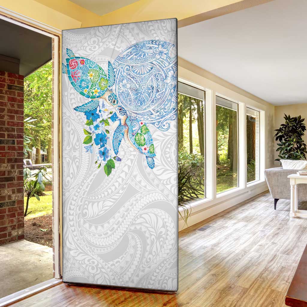 Hawaiian Couple Turtles Honi Door Cover Polynesian Art Motifs and Hibiscus White Blue Color - Polynesian Pride