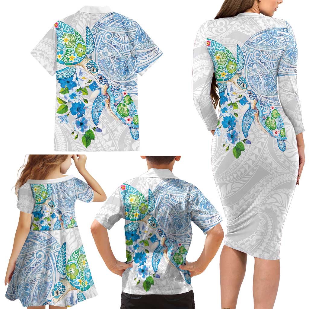 Hawaiian Couple Turtles Honi Family Matching Long Sleeve Bodycon Dress and Hawaiian Shirt Polynesian Art Motifs and Hibiscus White Blue Color LT03 - Polynesian Pride