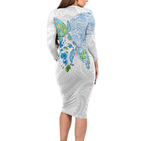 Hawaiian Couple Turtles Honi Family Matching Long Sleeve Bodycon Dress and Hawaiian Shirt Polynesian Art Motifs and Hibiscus White Blue Color LT03 - Polynesian Pride
