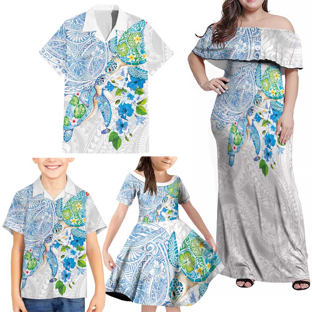 Hawaiian Couple Turtles Honi Family Matching Off Shoulder Maxi Dress and Hawaiian Shirt Polynesian Art Motifs and Hibiscus White Blue Color LT03 - Polynesian Pride