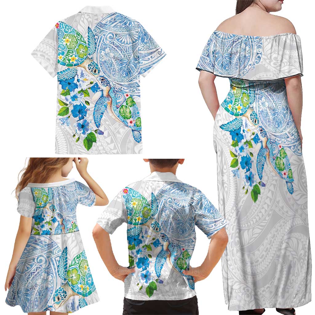 Hawaiian Couple Turtles Honi Family Matching Off Shoulder Maxi Dress and Hawaiian Shirt Polynesian Art Motifs and Hibiscus White Blue Color LT03 - Polynesian Pride