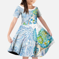 Hawaiian Couple Turtles Honi Family Matching Off Shoulder Short Dress and Hawaiian Shirt Polynesian Art Motifs and Hibiscus White Blue Color LT03 Daughter's Dress White - Polynesian Pride
