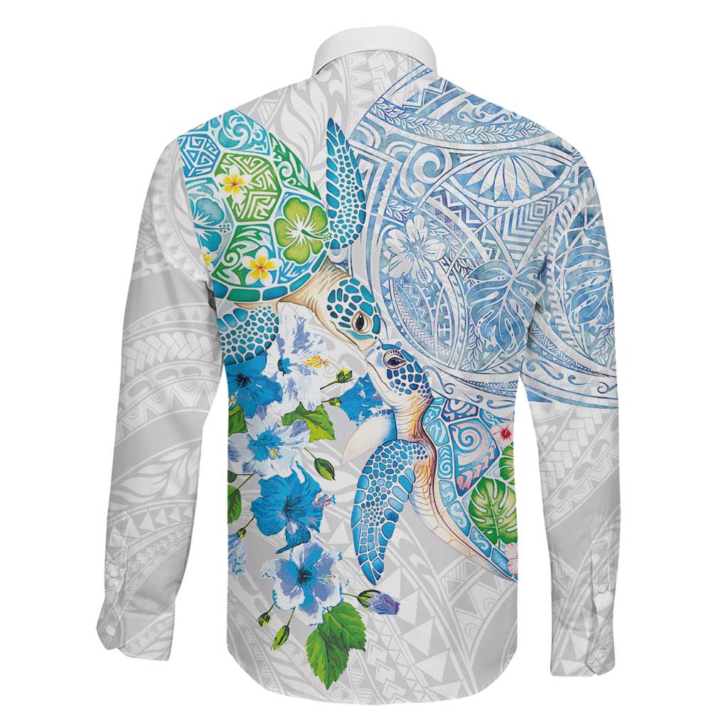 Hawaiian Couple Turtles Honi Family Matching Off Shoulder Short Dress and Hawaiian Shirt Polynesian Art Motifs and Hibiscus White Blue Color LT03 - Polynesian Pride