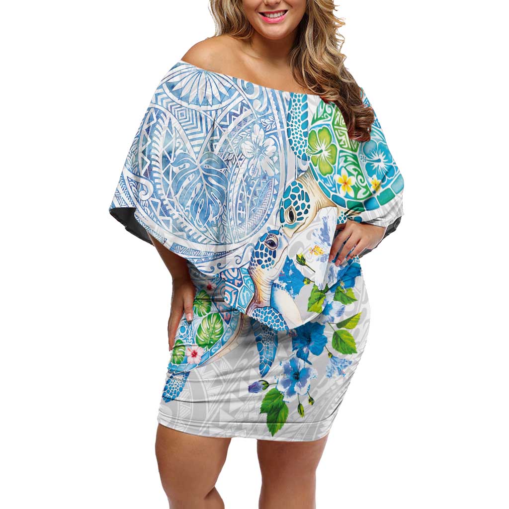 Hawaiian Couple Turtles Honi Family Matching Off Shoulder Short Dress and Hawaiian Shirt Polynesian Art Motifs and Hibiscus White Blue Color LT03 Mom's Dress White - Polynesian Pride