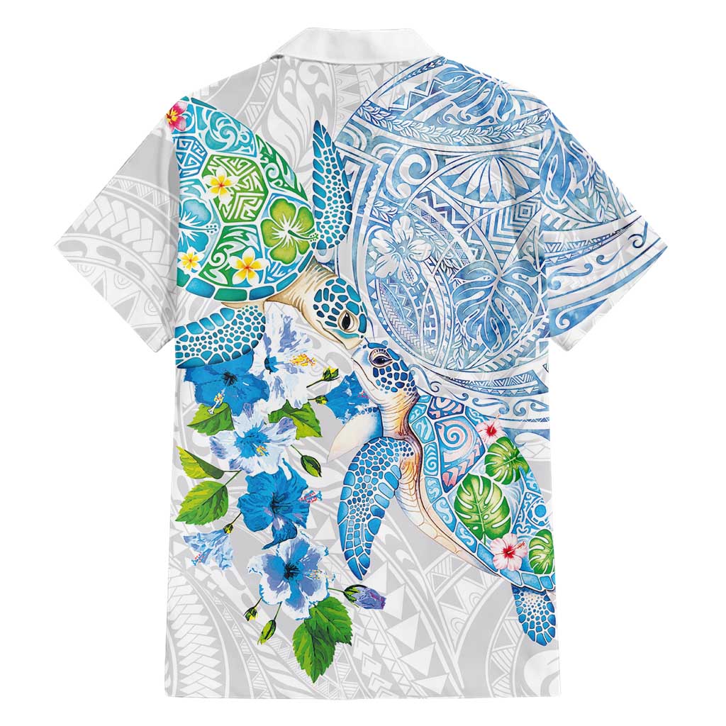 Hawaiian Couple Turtles Honi Family Matching Puletasi and Hawaiian Shirt Polynesian Art Motifs and Hibiscus White Blue Color LT03 - Polynesian Pride