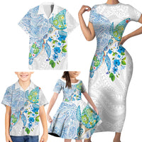 Hawaiian Couple Turtles Honi Family Matching Short Sleeve Bodycon Dress and Hawaiian Shirt Polynesian Art Motifs and Hibiscus White Blue Color LT03 - Polynesian Pride