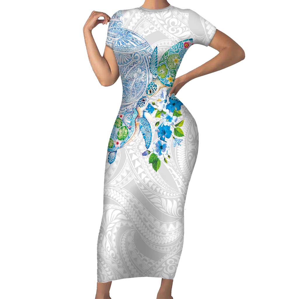 Hawaiian Couple Turtles Honi Family Matching Short Sleeve Bodycon Dress and Hawaiian Shirt Polynesian Art Motifs and Hibiscus White Blue Color LT03 Mom's Dress White - Polynesian Pride