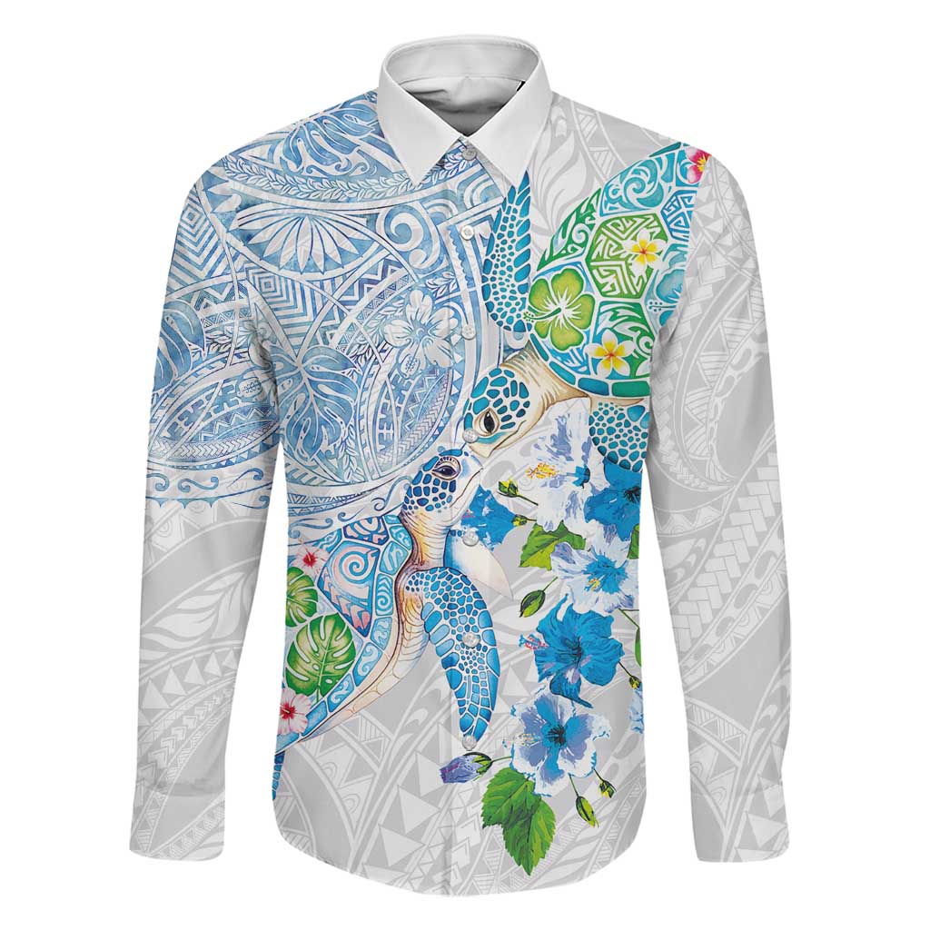 Hawaiian Couple Turtles Honi Family Matching Summer Maxi Dress and Hawaiian Shirt Polynesian Art Motifs and Hibiscus White Blue Color LT03 Dad's Shirt - Long Sleeve White - Polynesian Pride