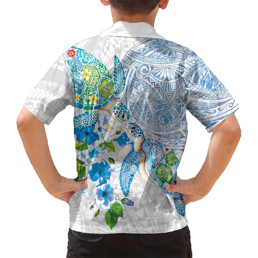 Hawaiian Couple Turtles Honi Family Matching Tank Maxi Dress and Hawaiian Shirt Polynesian Art Motifs and Hibiscus White Blue Color LT03 - Polynesian Pride