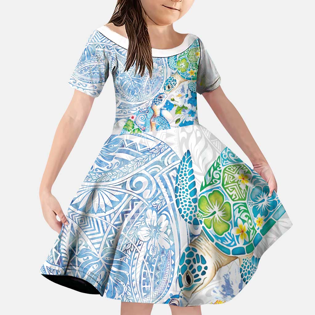 Hawaiian Couple Turtles Honi Family Matching Tank Maxi Dress and Hawaiian Shirt Polynesian Art Motifs and Hibiscus White Blue Color LT03 Daughter's Dress White - Polynesian Pride