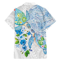 Hawaiian Couple Turtles Honi Family Matching Tank Maxi Dress and Hawaiian Shirt Polynesian Art Motifs and Hibiscus White Blue Color LT03 - Polynesian Pride