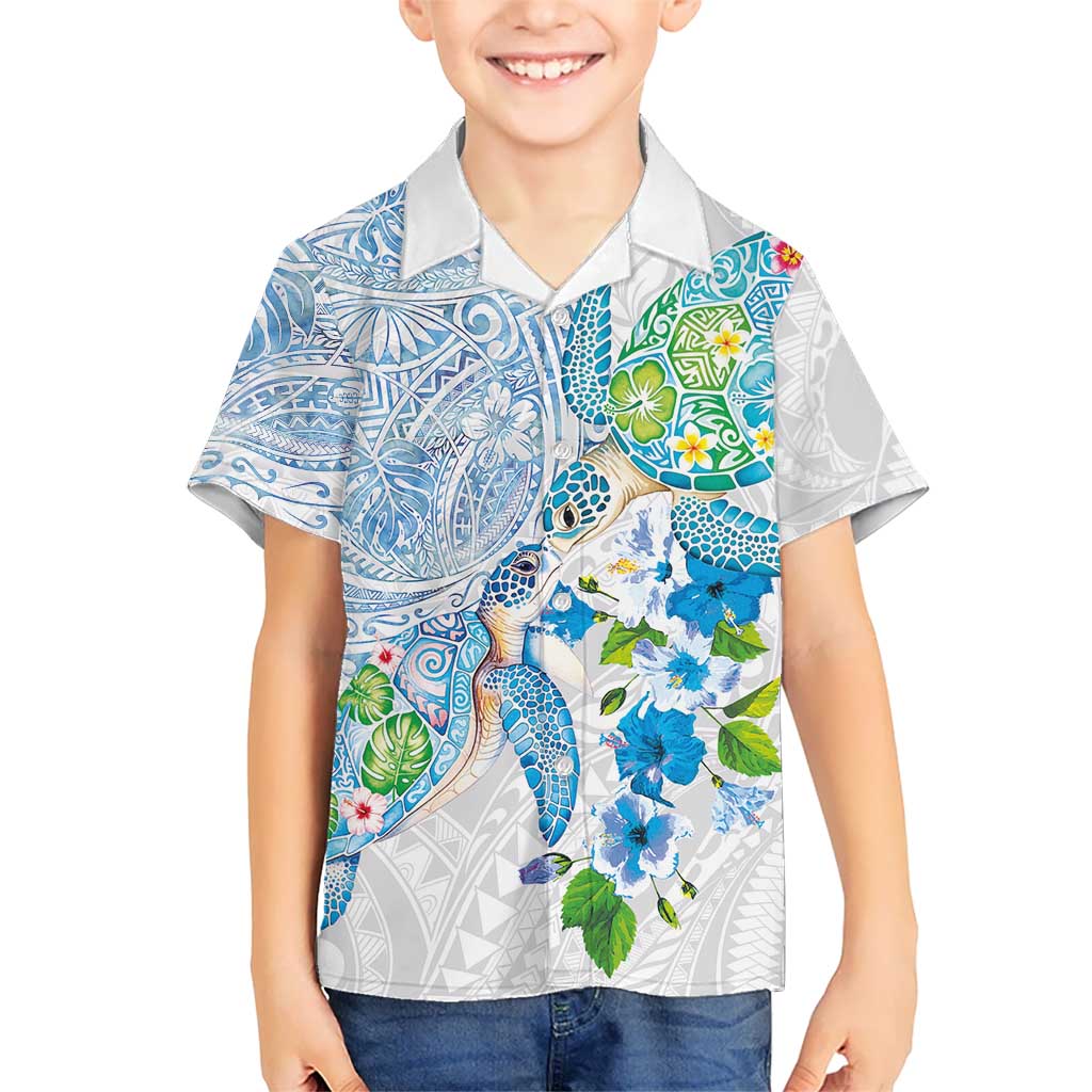 Hawaiian Couple Turtles Honi Hawaiian Shirt Polynesian Art Motifs and Hibiscus White Blue Color - Polynesian Pride