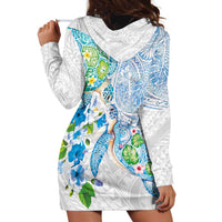Hawaiian Couple Turtles Honi Hoodie Dress Polynesian Art Motifs and Hibiscus White Blue Color LT03 - Polynesian Pride