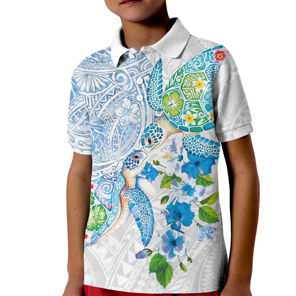 Hawaiian Couple Turtles Honi Kid Polo Shirt Polynesian Art Motifs and Hibiscus White Blue Color LT03 Kid White - Polynesian Pride
