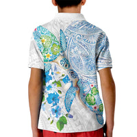 Hawaiian Couple Turtles Honi Kid Polo Shirt Polynesian Art Motifs and Hibiscus White Blue Color LT03 - Polynesian Pride