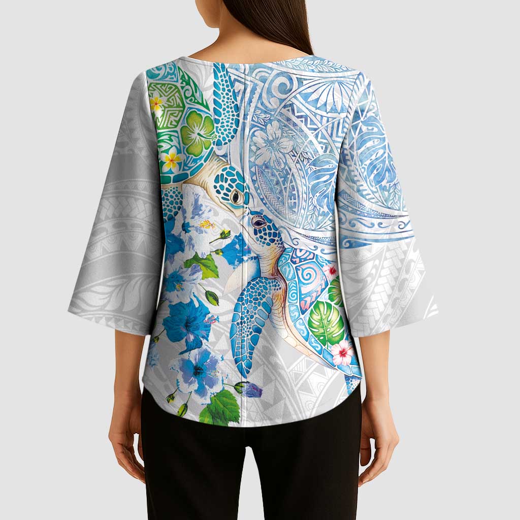 Hawaiian Couple Turtles Honi Kimono Sleeve Blouse Polynesian Art Motifs and Hibiscus White Blue Color - Polynesian Pride