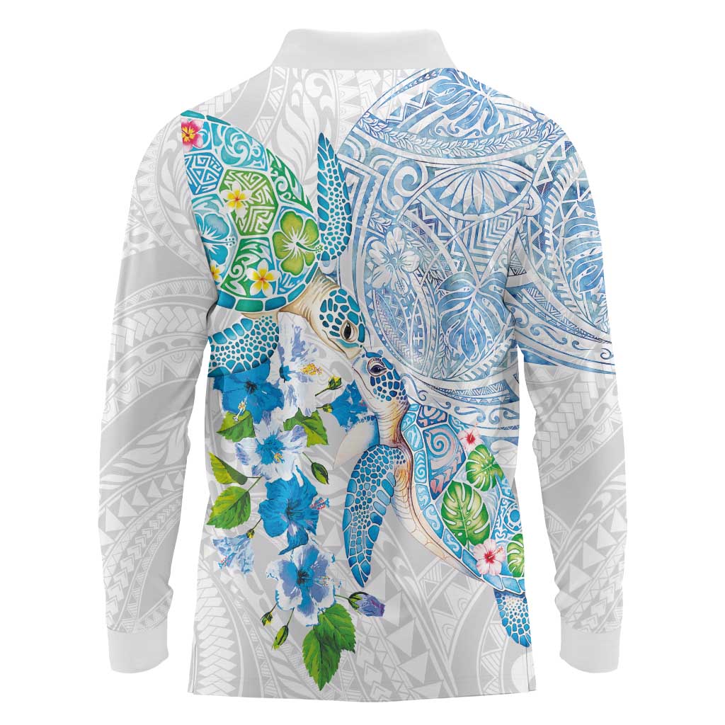 Hawaiian Couple Turtles Honi Long Sleeve Polo Shirt Polynesian Art Motifs and Hibiscus White Blue Color LT03 - Polynesian Pride