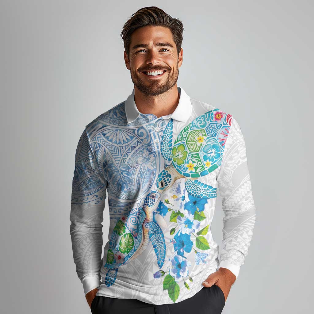 Hawaiian Couple Turtles Honi Long Sleeve Polo Shirt Polynesian Art Motifs and Hibiscus White Blue Color LT03 - Polynesian Pride
