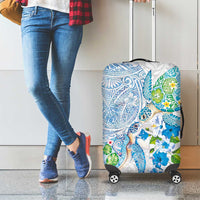 Hawaiian Couple Turtles Honi Luggage Cover Polynesian Art Motifs and Hibiscus White Blue Color LT03 - Polynesian Pride