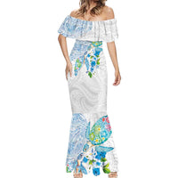 Hawaiian Couple Turtles Honi Mermaid Dress Polynesian Art Motifs and Hibiscus White Blue Color LT03 - Polynesian Pride