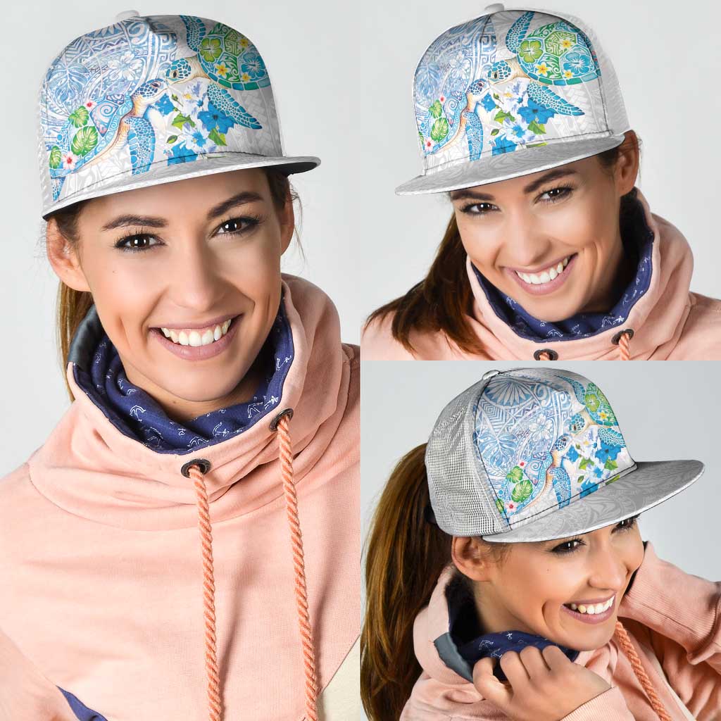 Hawaiian Couple Turtles Honi Mesh Trucker Cap Polynesian Art Motifs and Hibiscus White Blue Color - Polynesian Pride