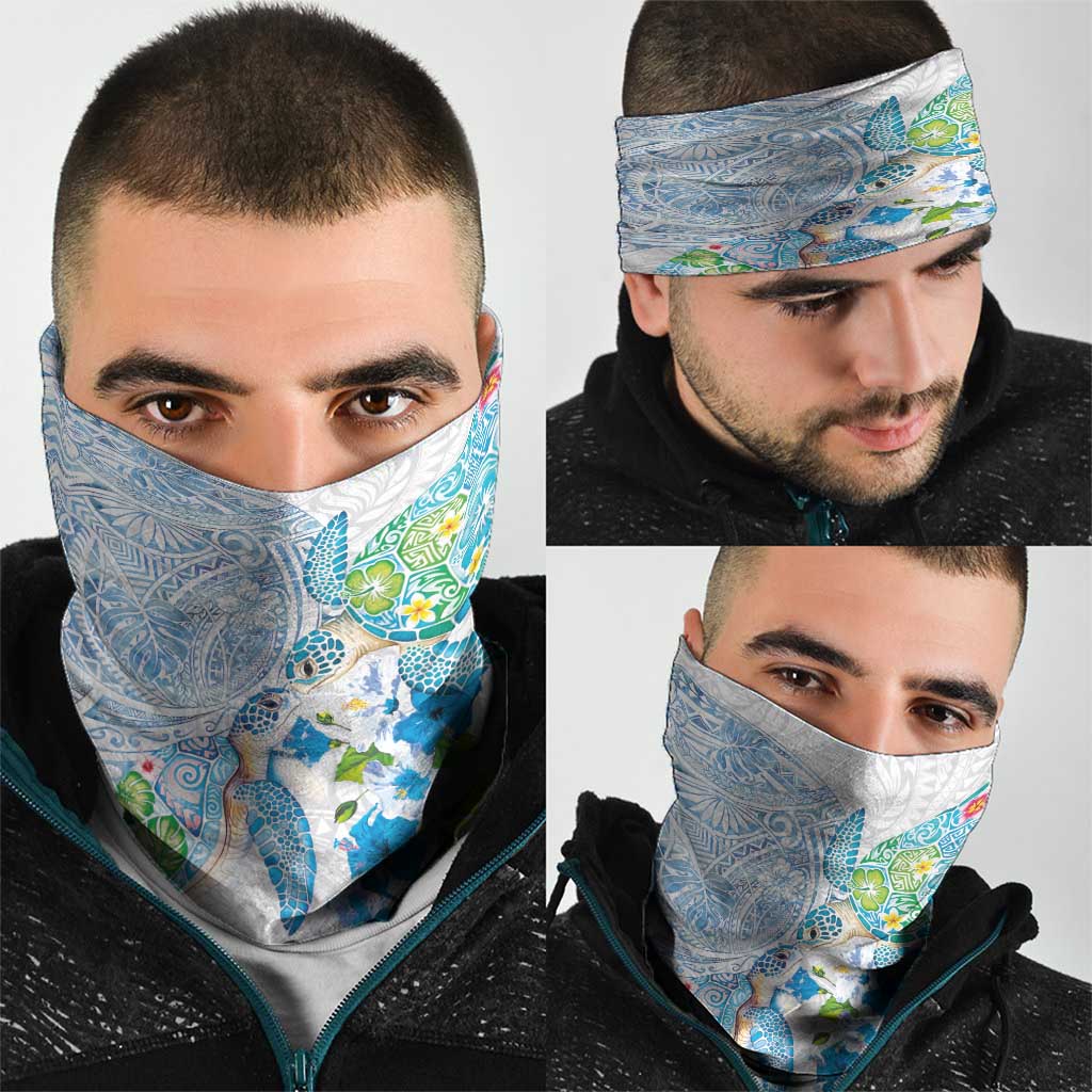 Hawaiian Couple Turtles Honi Neck Gaiter Polynesian Art Motifs and Hibiscus White Blue Color - Polynesian Pride