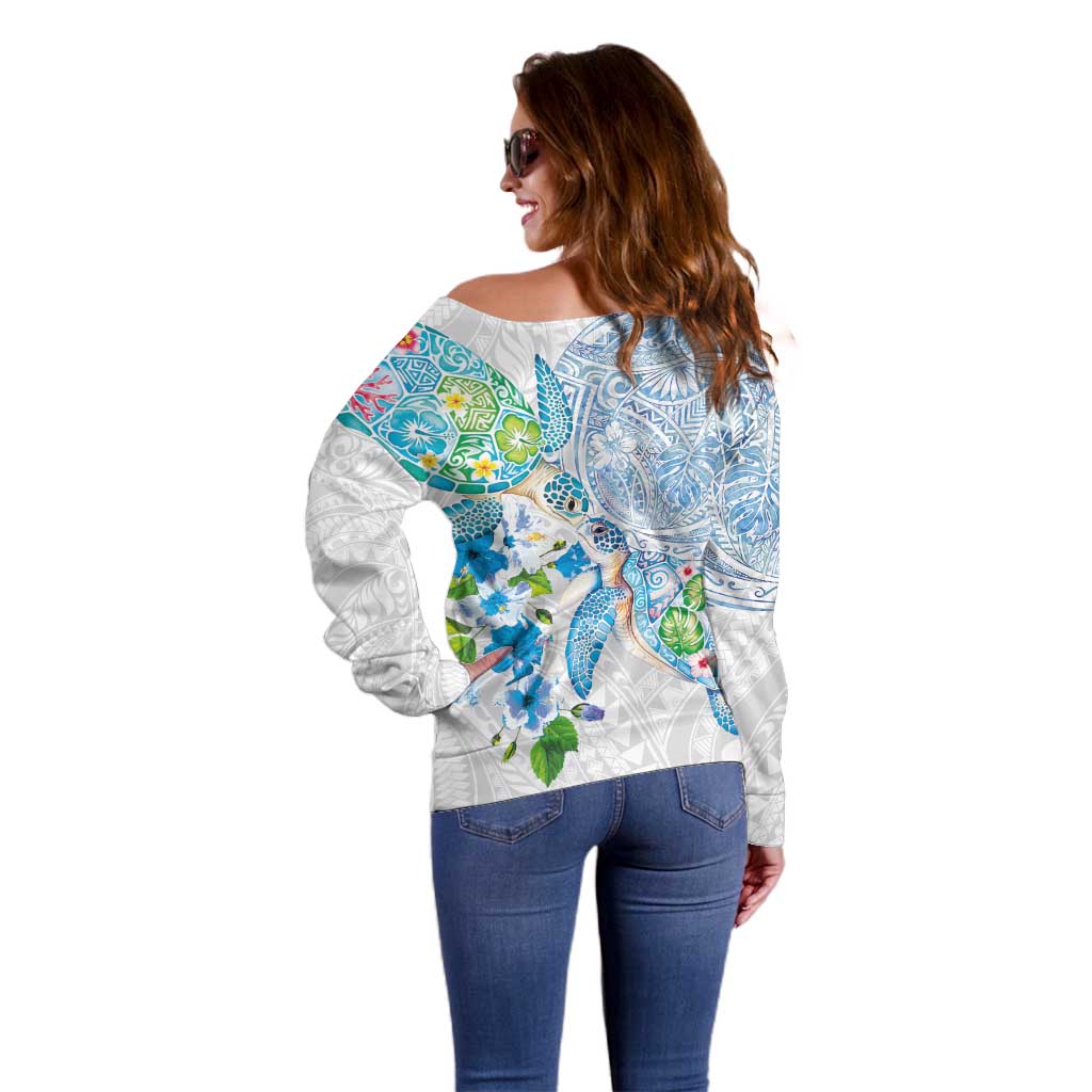 Hawaiian Couple Turtles Honi Off Shoulder Sweater Polynesian Art Motifs and Hibiscus White Blue Color - Polynesian Pride
