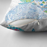 Hawaiian Couple Turtles Honi Pillow Cover Polynesian Art Motifs and Hibiscus White Blue Color - Polynesian Pride