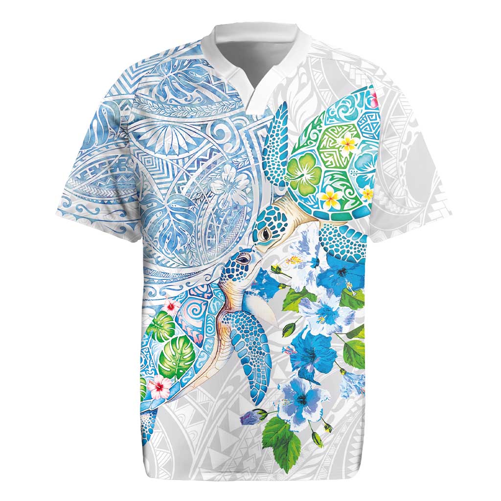 Hawaiian Couple Turtles Honi Rugby Jersey Polynesian Art Motifs and Hibiscus White Blue Color LT03 White - Polynesian Pride