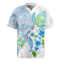 Hawaiian Couple Turtles Honi Rugby Jersey Polynesian Art Motifs and Hibiscus White Blue Color LT03 White - Polynesian Pride