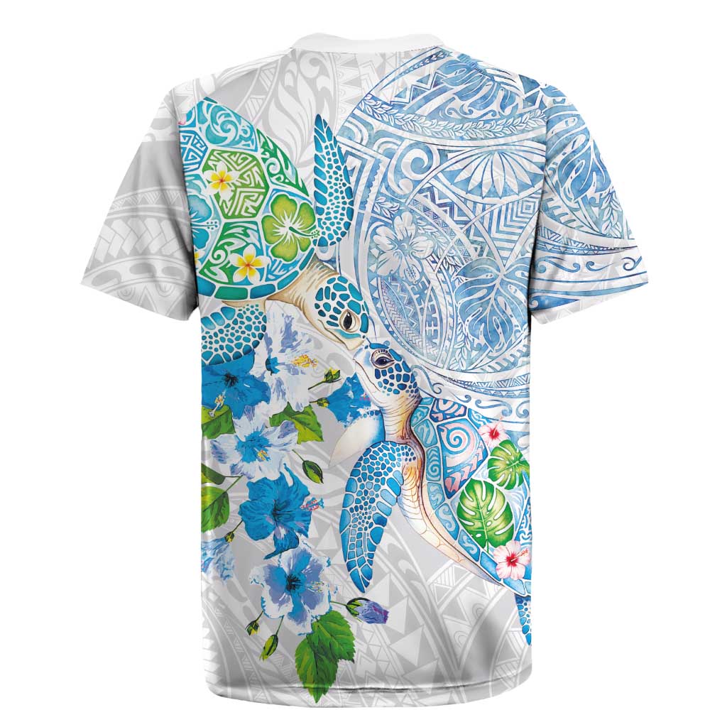 Hawaiian Couple Turtles Honi Rugby Jersey Polynesian Art Motifs and Hibiscus White Blue Color LT03 - Polynesian Pride