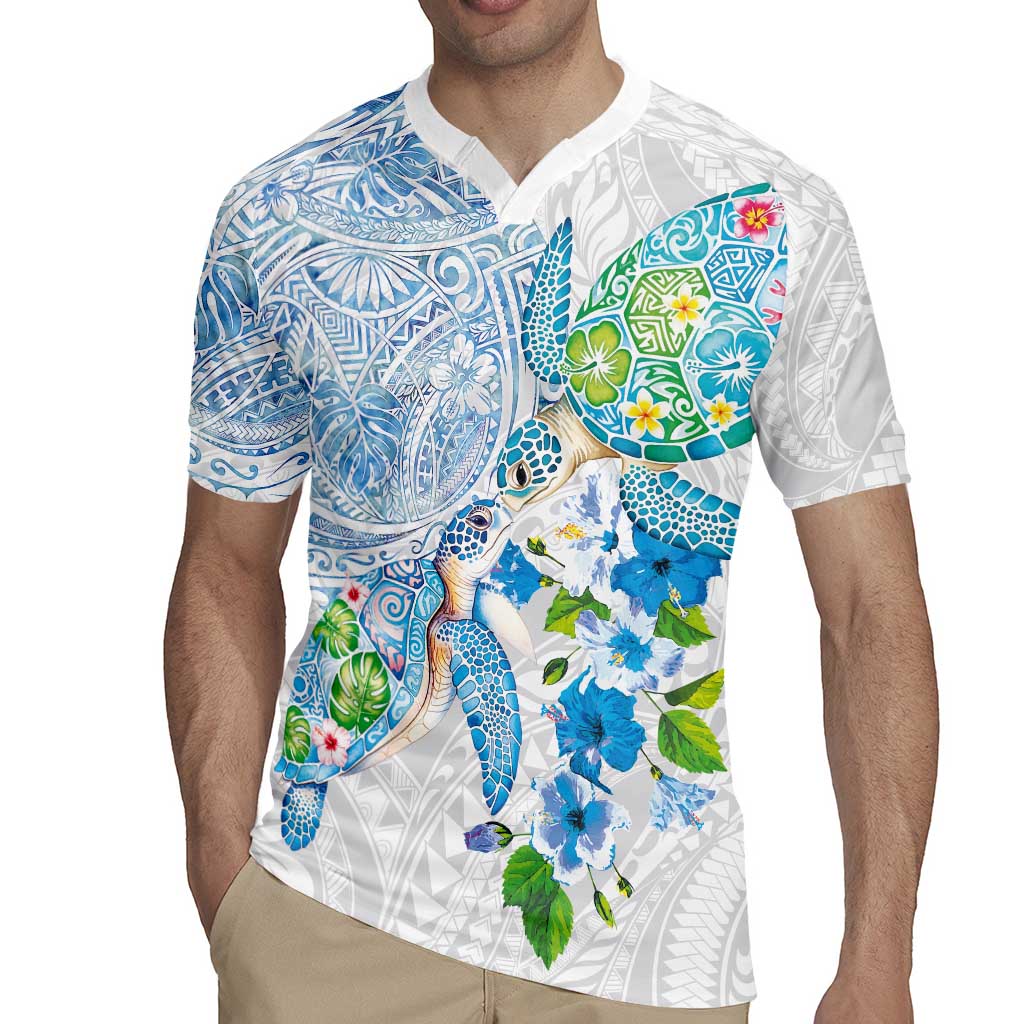 Hawaiian Couple Turtles Honi Rugby Jersey Polynesian Art Motifs and Hibiscus White Blue Color LT03 - Polynesian Pride