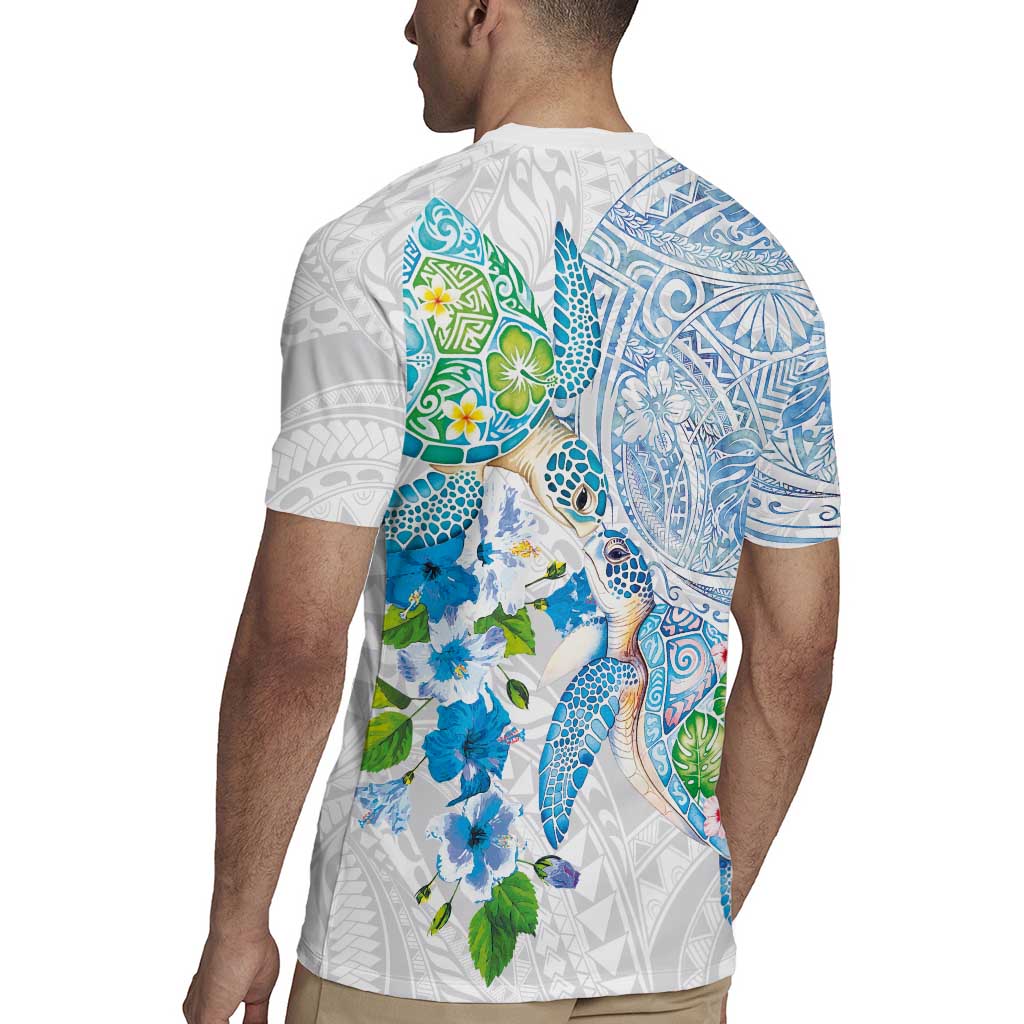 Hawaiian Couple Turtles Honi Rugby Jersey Polynesian Art Motifs and Hibiscus White Blue Color LT03 - Polynesian Pride