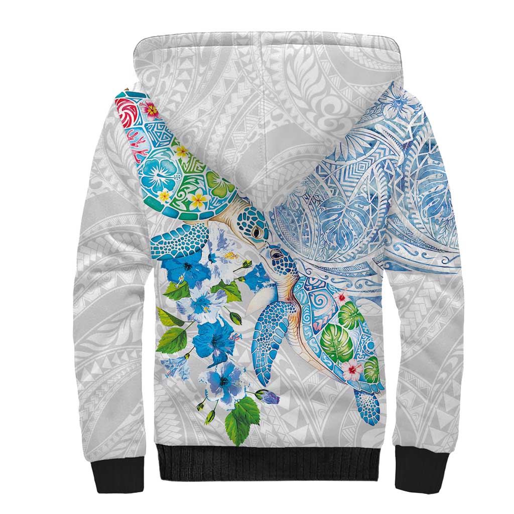 Hawaiian Couple Turtles Honi Sherpa Hoodie Polynesian Art Motifs and Hibiscus White Blue Color LT03 - Polynesian Pride