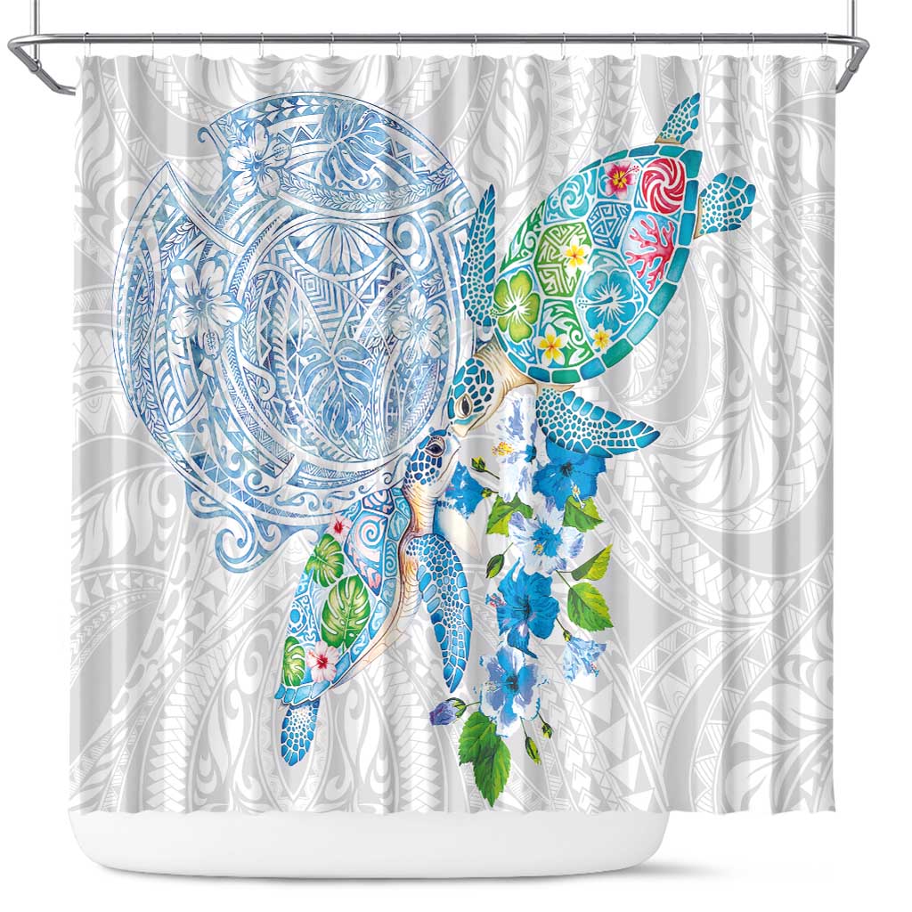 Hawaiian Couple Turtles Honi Shower Curtain Polynesian Art Motifs and Hibiscus White Blue Color LT03 White - Polynesian Pride